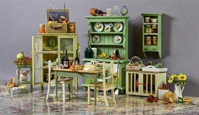 Lot 2014 - Assorted Dolls House Miniature Kitchen Furniture and Accessories, including a dresser and rack...