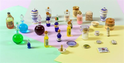 Lot 2026 - Assorted Dolls House Apothecary Miniature Accessories, including two Terry Curran blue and...