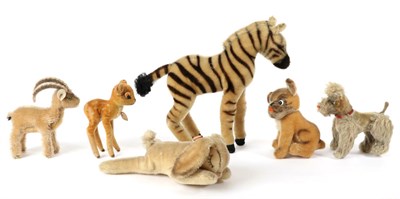 Lot 2030 - Six 1950s and 1960s Steiff Mohair Plush Animals, comprising standing zebra, 25cm high; 'Rocky'...