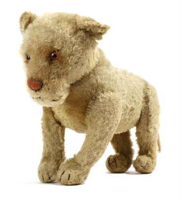 Lot 2034 - Circa 1930s/40s Jointed Mohair Lioness Soft Toy, with stitched terracotta nose, black stitched...