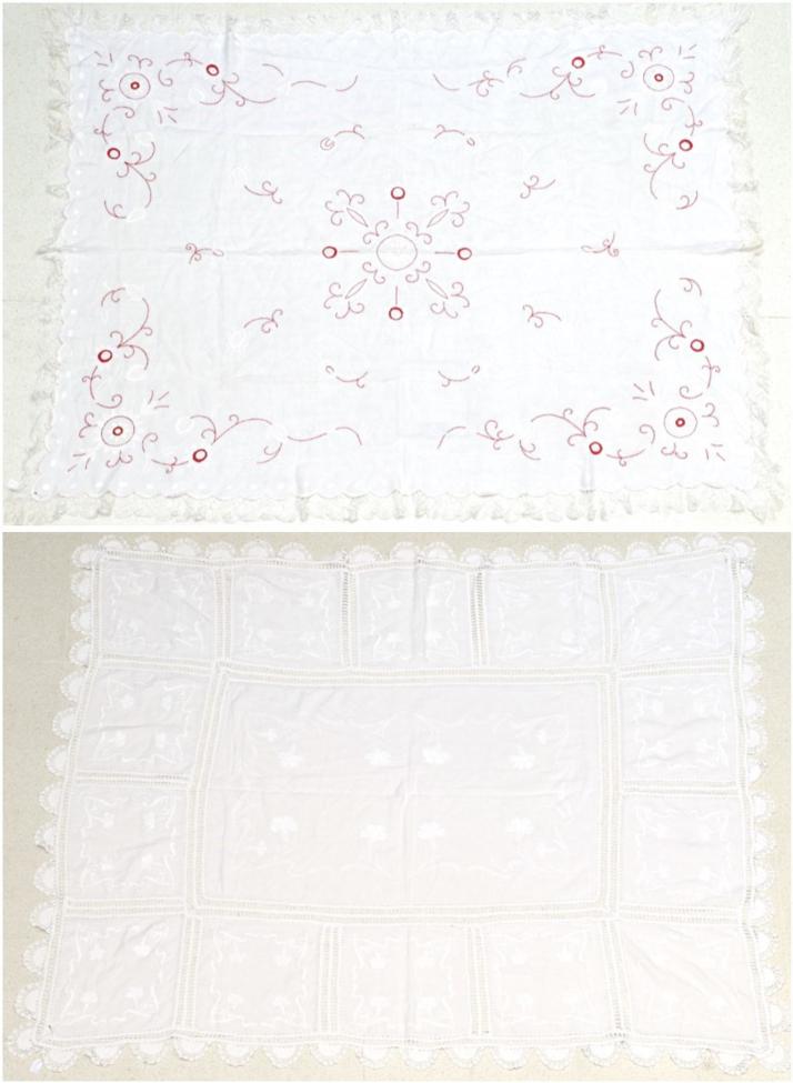 Lot 2051 - Late 19th Century White Linen Bed Cover, embroidered in red and white work, with central floral...