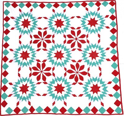 Lot 2063 - 19th Century Decorative Quilt, comprising red, green and white patchwork stars, diamonds and...