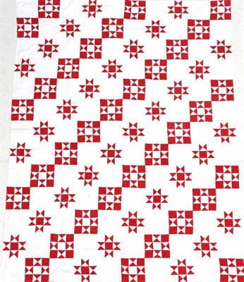 Lot 2064 - 19th Century Turkey Red and White Star Quilt, in alternating blocks, patched white linen...