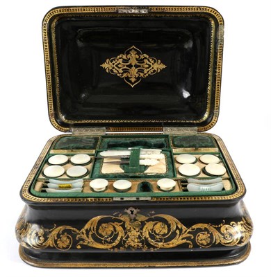 Lot 2076 - A 19th Century Papier-M"°chÅ½ Hinged Sewing Box, of bombe shape, decorated with gilt scrolls...