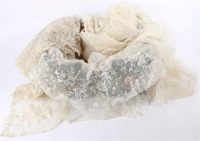 Lot 2082 - Assorted 19th Century and Later Lace, including a net shawl appliquÅ½d with lace floral motifs...