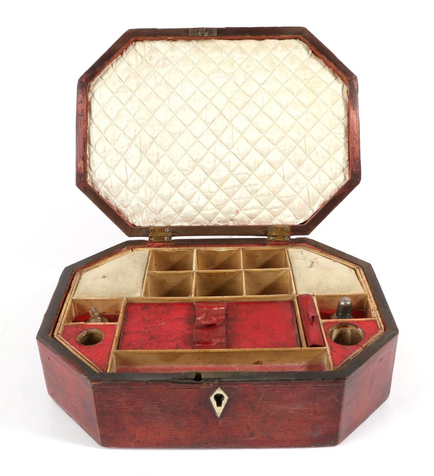 Lot 2084 - Regency Red Morocco Mounted Octagonal Sewing Box, with brass hinged knop to the top, ivory...
