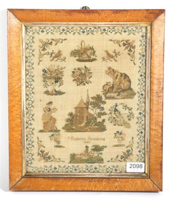Lot 2098 - A 19th Century Pictorial Sampler by Frederica Armstrong, Dated 1842, depicting a seated cat and...