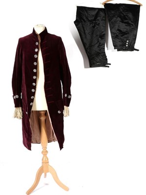 Lot 2109 - Gent's 18th Century Style Plum Velvet Coat, with multi cut steel buttons, attached lace cuffs,...