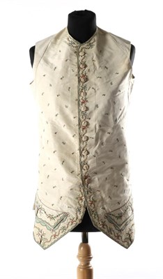 Lot 2112 - Circa 1780 Gent's Cream Silk Waistcoat, embroidered in coloured silks with floral sprigs and...