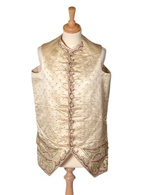 Lot 2113 - Circa 1780 Gent's Dark Cream Silk Waistcoat, embroidered in coloured silks with green striped...