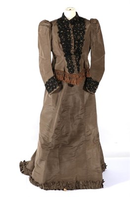 Lot 2116 - Late Victorian Grey Silk Taffeta Two Piece Costume, comprising a fitted bodice with black bead...