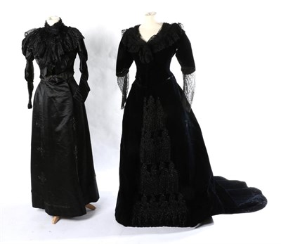 Lot 2118 - Victorian Midnight Blue Velvet Dress, with fitted bodice, elbow length sleeves, with black lace...