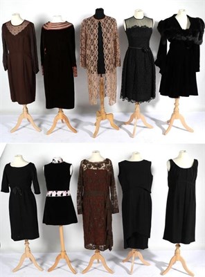 Lot 2144 - Assorted 1960s and Later Cocktail Dresses and Coats, comprising a sleeveless black wool dress...