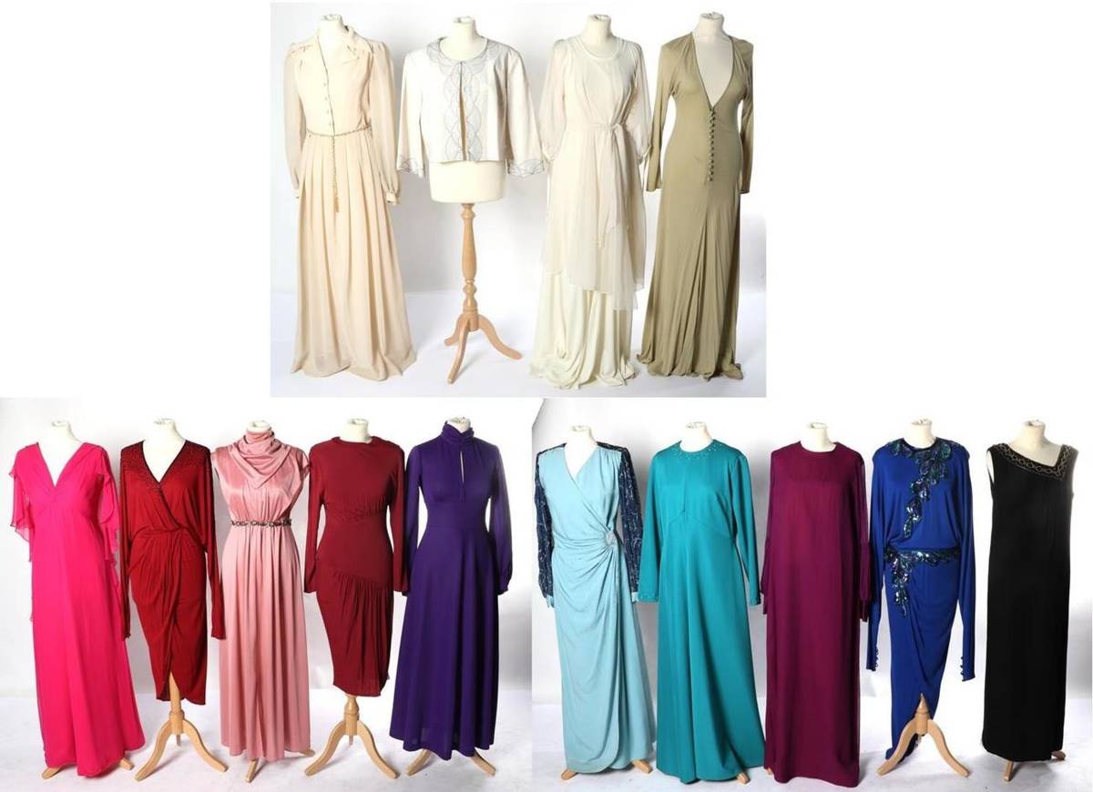 Lot 2145 - Assorted Circa 1970s Evening Dresses, comprising Bruce Oldfield dark red long sleeve jersey...