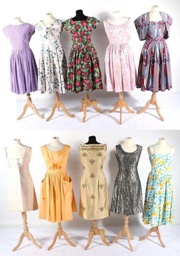 Lot 2166 - Circa 1950/60s Cotton Day Dress and Cocktail Dresses, comprising Carnegie pale orange cotton...