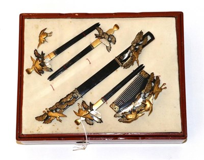 Lot 2183 - Black and Gold Lacquered Part Japanese Hair Adornment Set, including three Kanzashi, a Kogai...