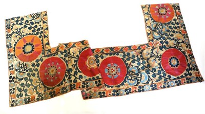 Lot 2196 - Early 20th Century Suzani Type Toran, woven with four large red circular flower heads with pink...