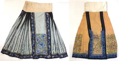 Lot 2207 - Early 20th Century Chinese Pale Blue Pleated Figured Silk Skirt, embroidered to the bottom of...