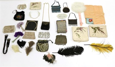 Lot 2222 - Assorted Early 20th Century Costume Accessories, including a cream silk pin cushion embroidered...