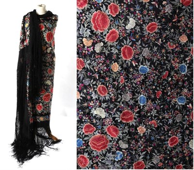 Lot 2235 - Early 20th Century Chinese Black Silk Shawl, embroidered in coloured silks in floral designs,...