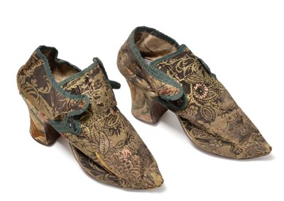 Lot 2260 - Pair of Early 18th Century Lady's Heeled Shoes, mounted with a silk brocade in green and woven with