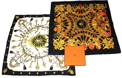 Lot 2265 - Hermè 'Les Cles' Silk Scarf, by Cathy Latham, printed with a design of various golden keys...