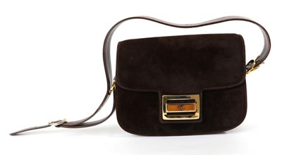 Lot 2268 - Gucci Brown Suede Shoulder Bag, with brown leather adjustable strap and gilt metal and enamel...