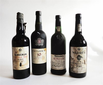 Lot 252 - Sandeman 1963, vintage port, Warre 1974, LBV port, and Taylor 10 Year Old Port (x2) (four bottles)