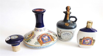 Lot 285 - British Navy Pussers Rum, Lord Nelson decanter, 1 litre, Lambs Navy Rum, Prince Andrew Decanter and