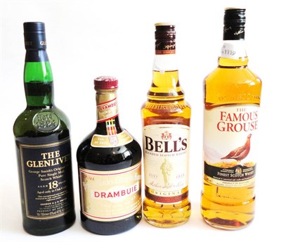 Lot 321 - The Glenlivet 18 Year Old, Drambuie, The Famous Grouse and Bells (four bottles)