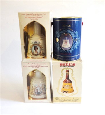 Lot 326 - Four Bells Whisky Decanters: Queen Mothers 90th Birthday, HRH Prince Andrew with Miss Sarah...