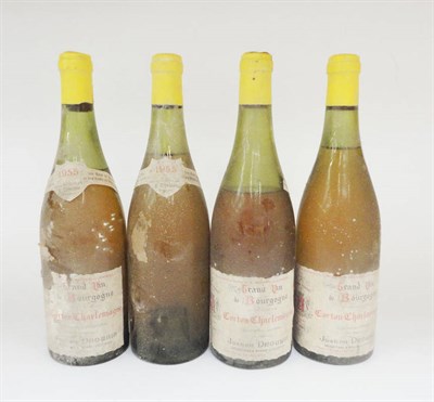 Lot 46 - Corton-Charlemagne 1955, Joseph Drouhin (x4) (four bottles) U: 3.5cm, 4.5cm, 6cm, 8cm