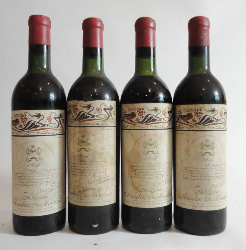 Lot 15 - Chateau Mouton Rothschild 1957, Pauillac (x4) (four bottles) U: top/upper shoulder