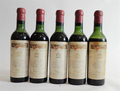 Lot 18 - Chateau Mouton Rothschild 1960, Pauillac, half bottle (x5) (five half bottles) U: 1x top...