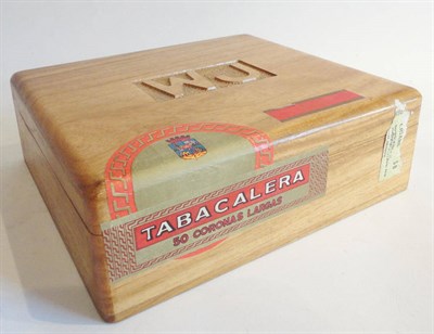 Lot 202 - Tabacalera Coronas Largas, box of 50, sealed, carved wooden case initialled WJ