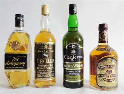 Lot 211 - The Antiquary, 26 2/3 fl ozs, 70°, Glen Elgin 12 Year Old, Glenleven 12 Year Old, 750ml, 43°, and