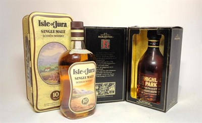 Lot 396 - Jura 10 Year Old, old style label and tin, 75cl, 40%, with original case; Highland Park 12 Year...