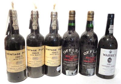 Lot 1188 - Borges 1963, vintage port (x3); Offley Boa Vista 1963, vintage port (x2); Warre 1983, vintage...