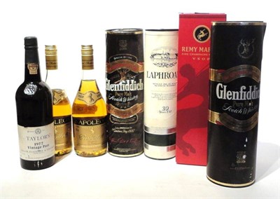 Lot 1216 - A Mixed Parcel Including: Laphroaig 10 Year Old, Taylor 1977 vintage port, Napoleon VSOP (x2),...