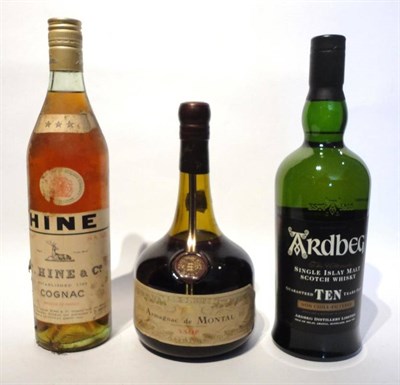 Lot 1236 - Hine 3 Star, circa 1960/1970, 26 2/3 fl ozs, 70°; Armagnac de Montal V.S.O.P., 68cl, 40%;...