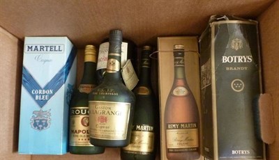 Lot 1238 - Cognac Comprising; Remy Martin VSOP (x3); Rouget VSOP; Martell Cordon Bleu; Courvoisier Thee...