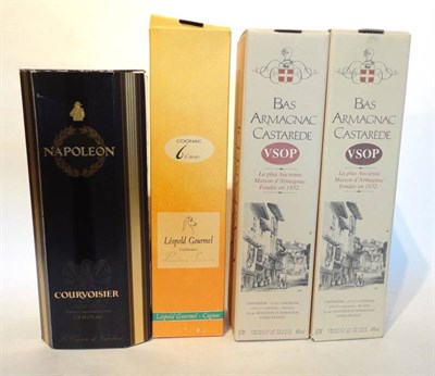 Lot 1241 - Courvoisier Napoleon, 70cl, 40%; Leopold Gourmel 6 Carats, 700ml, 40%; Castarede Bas Armagnac VSOP