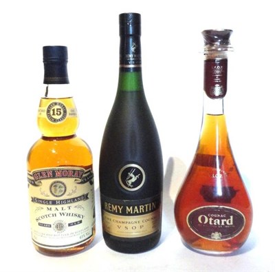 Lot 1242 - Otard Cognac, 50cl, 40%; Glen Morcy 15 Year Old, 70cl, 40%; Remy Martin VSOP Cognac, 70cl, 40%...