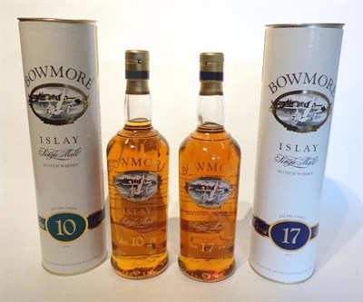 Lot 1272 - Bowmore 17 Year Old, lithograph label, 70cl, 43%, with original tube; Bowmore 10 Year Old,...