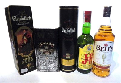 Lot 1321 - Glenfiddich Clan Sinclair; Glenfiddich (x2); J&B Rare; Bells, litre; Chivas Regal 12 Year Old,...