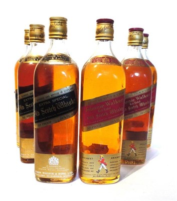 Lot 1346 - Johnnie Walker Black Label circa 1970's, 26 2/3 fl ozs, 70° (x3); Johnnie Walker Red Label...