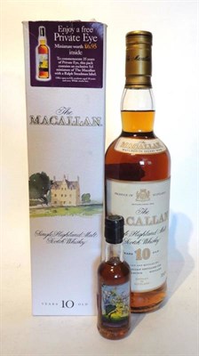 Lot 1366 - The Macallan 10 Year Old 'Private Eye Miniature' Promotional Pack, comprising 10 year old,...