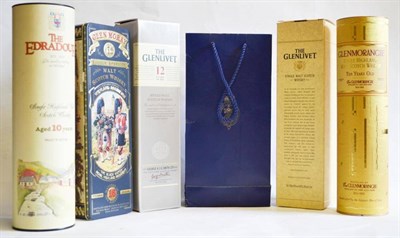 Lot 1253 - Edradour 10 Year Old; The Glenlivet 12 Year Old; Glen Moray 16 Year Old Black Watch Regiment;...