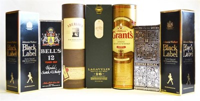 Lot 1264 - Lagavulin 16 Year Old, 70cl, 43%; Johnnie Walker Black Label (x2), Aberlour 10 Year Old;...