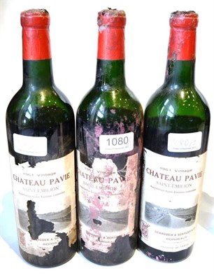 Lot 1080 - Chateau Pavie 1961, St Emilion (x3)  U: all low shoulder, signs of seepage to corks, poor labels